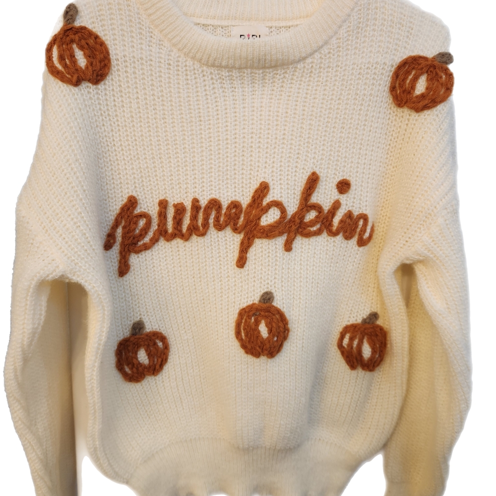BiBi Cream and Orange Crew Neck Sweater with Pumpkin Motifs